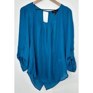 Melissa Paige Blouse Women Large Blue Long Roll Tab Sleeve Cross Back NWT